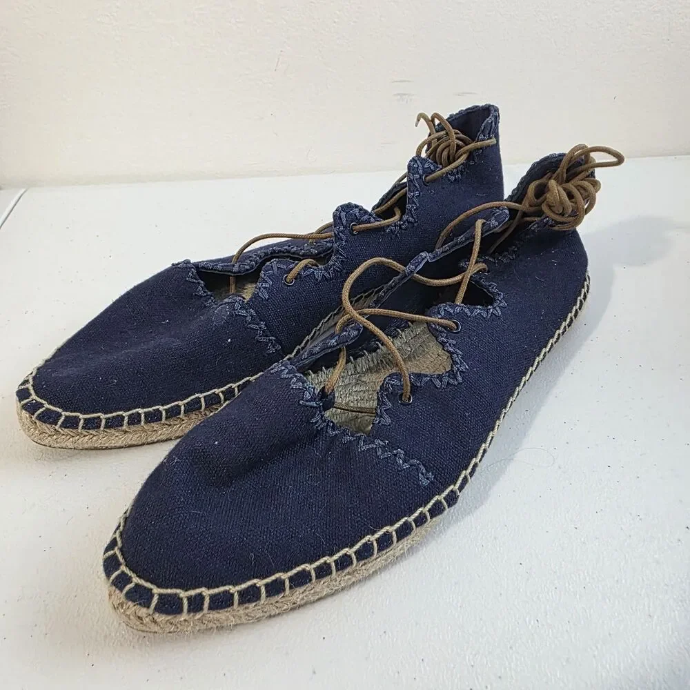 Tory Burch Sonoma Gillie Espadrille Navy Blue Canvas Lace Up Flats Size US 7